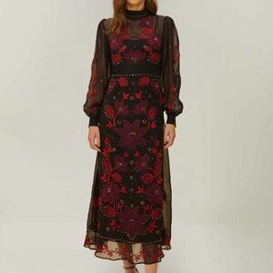 Farm Rio Organza Long Sleeve Black and Red Midi Dress